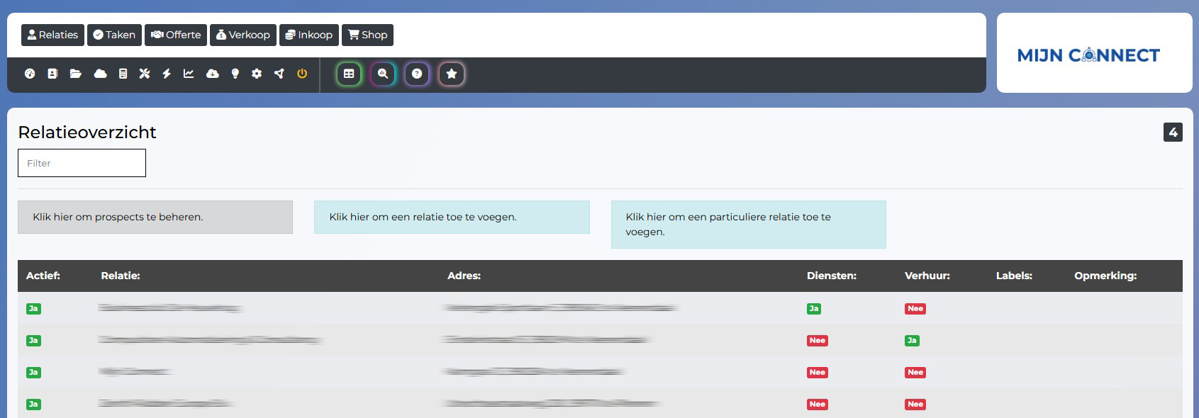 Klantenbeheer interface - overzicht van alle klanten en prospects